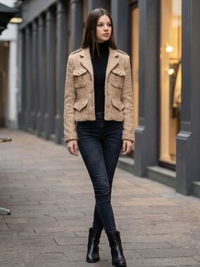Women's Tan Bouclé Military Pocket Jacket - Elegant Casual
